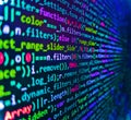 Computing, cyberspace , future and innovation concept. Developer working on program codes in office. Matrix byte of binary data Royalty Free Stock Photo