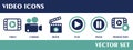 Video Icons. Containing camera, movie, play, pause, production. Set flat vector illustration Royalty Free Stock Photo