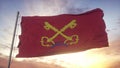 Comtat Venaissin flag, France, waving in the wind, sky and sun background. 3d rendering Royalty Free Stock Photo