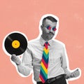 Comtemporary art collage of stylish man with colorful tie, trendy sunglasses holding vinyl isolated over pink background