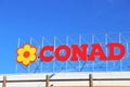 Written and logo of the famous chain of Italian supermarkets and food store ` Conad ` Royalty Free Stock Photo