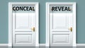 Conceal and reveal as a choice - pictured as words Conceal, reveal on doors to show that Conceal and reveal are opposite options