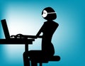 Conceal. Woman wearing mask play computer. Concept business vector illustration