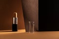 Concealer stick, on geometric backgrounds, in shades of brown. Product