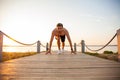 Concentrared young sportsman is ready to run outdoors in the morning. Royalty Free Stock Photo