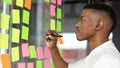 Concentrated african american male employee managing working tasks.