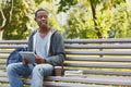 Concentrated man working on his tablet outdoors Royalty Free Stock Photo