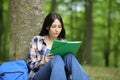 Concentrated asian woman studying in a park