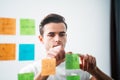 Concentrated businessman standing at office space behind glass wall with sticky notes Royalty Free Stock Photo