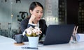 Concentrated businesswoman analysing financial data on computer laptop Royalty Free Stock Photo