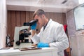 Concentrated doctor using microscope to analysis samples in a laboratory Royalty Free Stock Photo