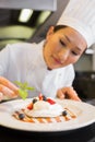 Concentrated female chef garnishing food Royalty Free Stock Photo