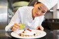 Concentrated female chef garnishing food in kitchen Royalty Free Stock Photo