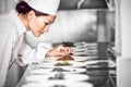 Concentrated female chef garnishing food in kitchen Royalty Free Stock Photo