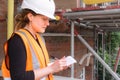 Concentrated female civil engineer carrying out a survey and supervising a construction site building