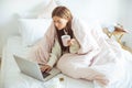 Concentrated girl reading income message on gadget Royalty Free Stock Photo