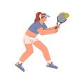 Concentrated girl in uniform hits tennis ball flat style, vector illustration