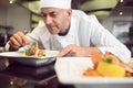 Concentrated male chef garnishing food in kitchen Royalty Free Stock Photo