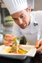 Concentrated male chef garnishing food in kitchen Royalty Free Stock Photo