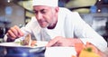 Concentrated male chef garnishing food in kitchen Royalty Free Stock Photo