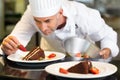 Concentrated male pastry chef decorating dessert Royalty Free Stock Photo