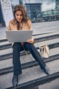 Concentrated pleased woman working on her laptop Royalty Free Stock Photo