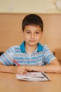 Concentrated schoolboy sitting at desk and writing in exercise book Royalty Free Stock Photo