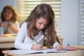 Concentrated schoolgirl sitting at desk and writing in exercise book with classmate sitting behind. Royalty Free Stock Photo