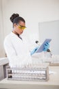 Concentrated scientist working with tablet Royalty Free Stock Photo