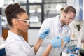 Concentrated scientists working in laboratory