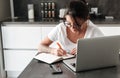 Concentrated serious young woman using laptop computer writing notes. Royalty Free Stock Photo