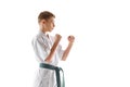 Concentrated teen boy, in defensive karate stance, showcasing focus and readiness, practicing isolated on white studio