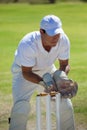 Concentrated wicketkeeper standing behind stumps Royalty Free Stock Photo