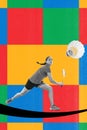 Concentrated young girl, badminton player hitting shuttlecock with racket over colorful background. Creative art collage Royalty Free Stock Photo