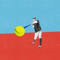 Concentrated young man, athlete playing baseball over blue red background. Winner. Contemporary art collage. Bright