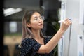 Concentrated young vietnamese speaker coach painting graphs on white board.