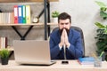 Concentrating on main task. Man bearded boss sit office with laptop. Manager solving business problems. Businessman in Royalty Free Stock Photo