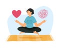 Concentration. Mental health. Woman meditating. Girl sitting in lotus position and flying. Person practicing yoga and