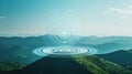 Concentric circles of data radiating outwards, symbolizing AI influence and big data impact, with serene mountain