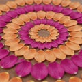 Concentric circles of flower petals arranged on a wooden surface create a visually Royalty Free Stock Photo
