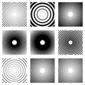 Concentric circles, radial lines patterns. Monochrome abstract Royalty Free Stock Photo