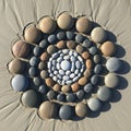Concentric circles of smooth multi colored stones arranged on sand Royalty Free Stock Photo
