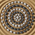 Concentric circles of smooth, oval stones are arranged on a textured, sandy surface. The stones Royalty Free Stock Photo
