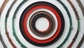 Concentric circles of varying colors and textures arranged against a white background surface view Royalty Free Stock Photo