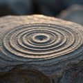 Concentric circular patterns are etched into a textured sandy surface, resembling ripp Royalty Free Stock Photo