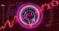Concentric neon rings pulsating in digital dashboard, with red grid, code, line graph, stock arrow Royalty Free Stock Photo