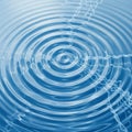 Concentric ripples spread across a blue water surface, creating a pattern of circular waves. The Royalty Free Stock Photo