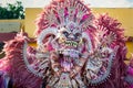 Closeup human in bright pink costume poses for photo at dominican carnival