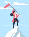 Concept of achieving success, business woman raising flag on top of mountain. Goal achievements. Climbing on rock Royalty Free Stock Photo