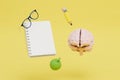 the concept of active learning. brain, pencil, apple, glasses and notepad on a yellow background. 3D render